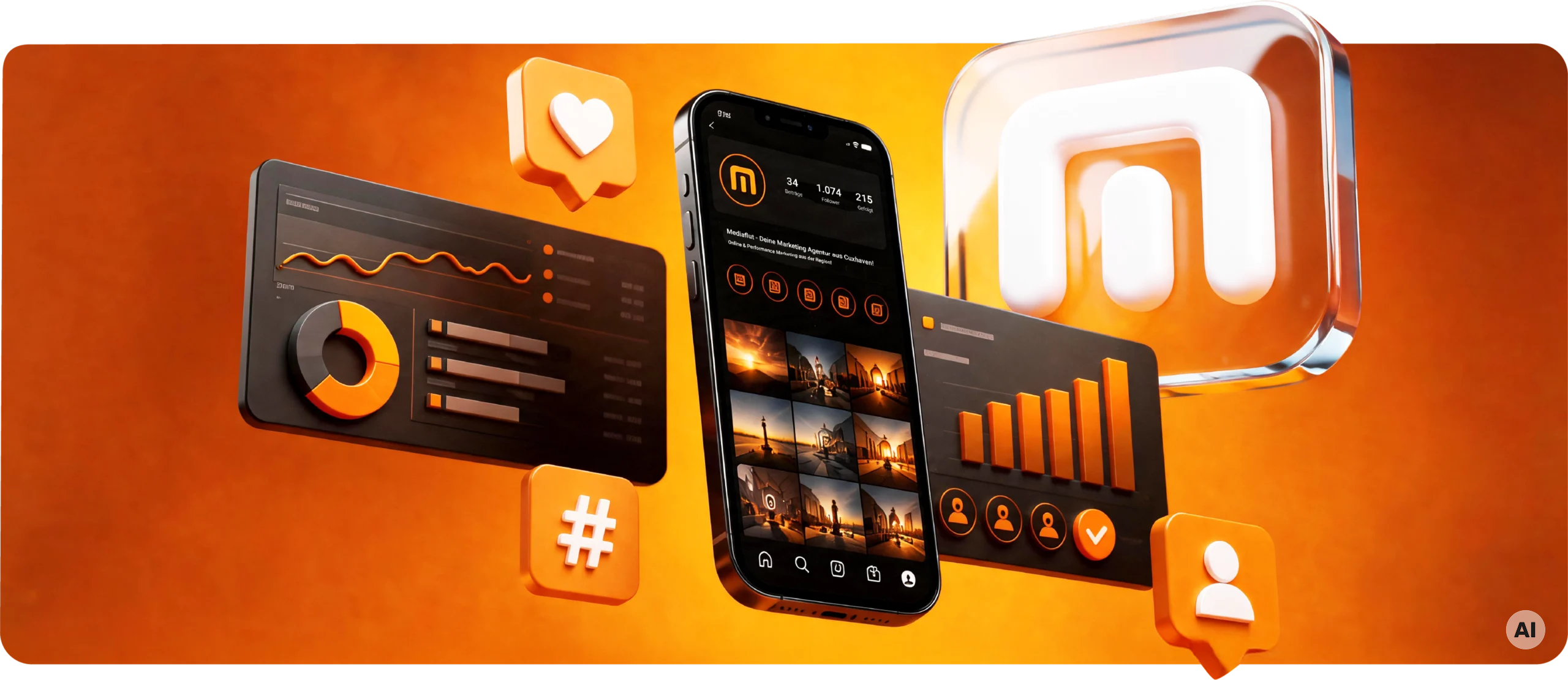 Modernes Headerbild für den Bereich Social Media Marketing mit Smartphone-Mockup, Content-Elementen und hochwertiger dunkler Markenoptik.
